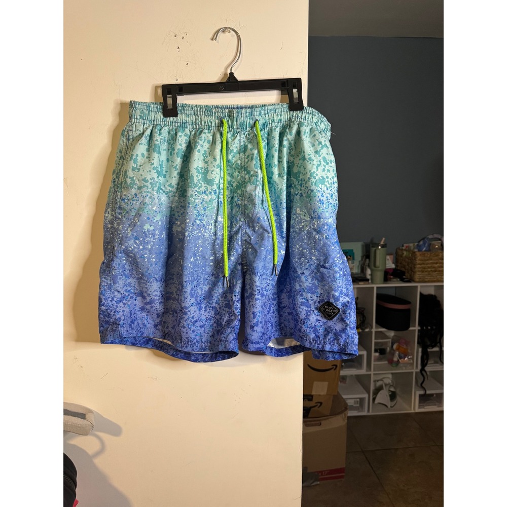 Spicy Tuna Mens Blue Teal Ombre Splatter Print Swim Trunks Mesh Lined XL